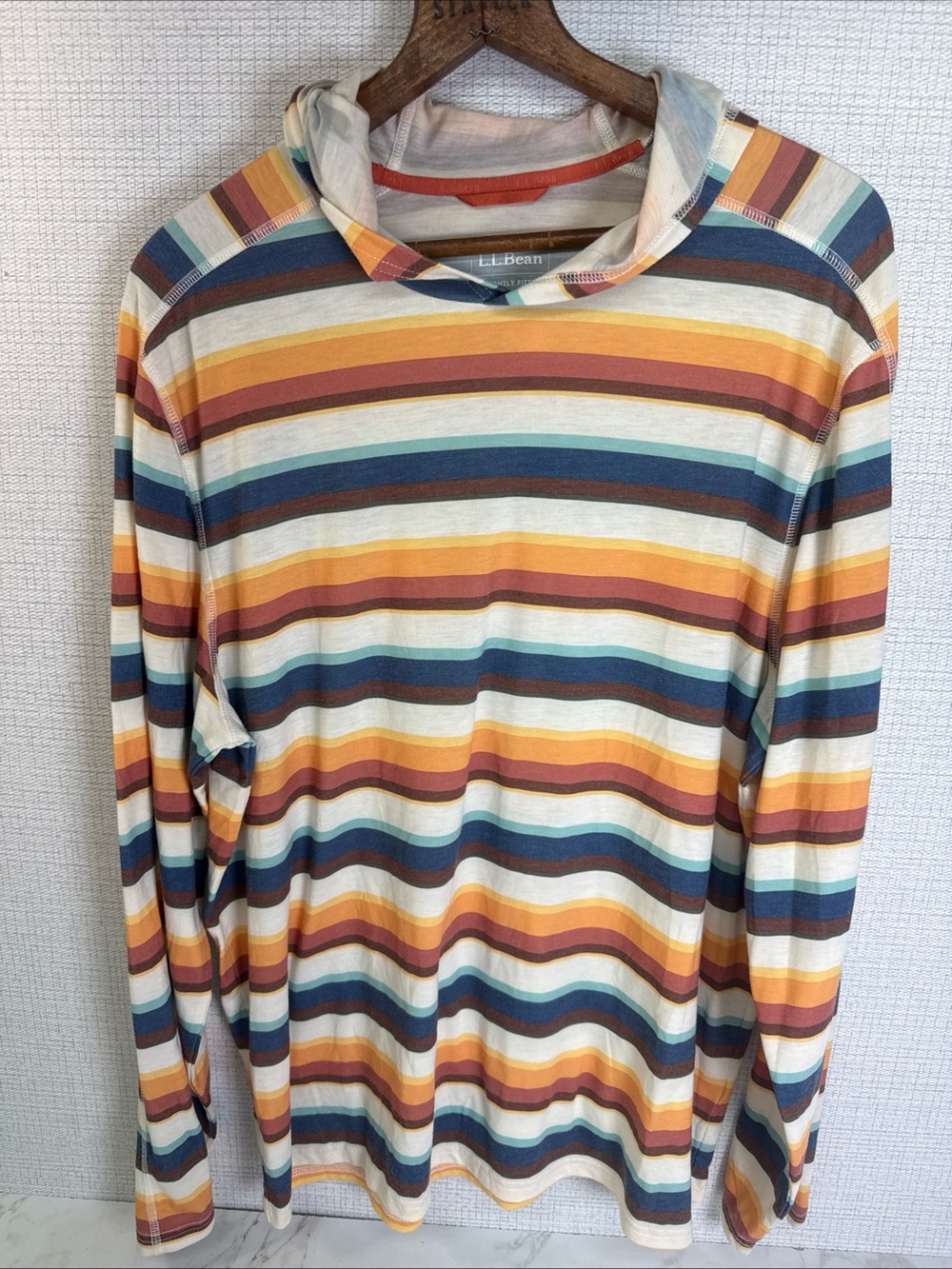 LL Bean Mens Large SunSmart Hooded Long Sleeve Tee Shirt Slightly Fitted Striped